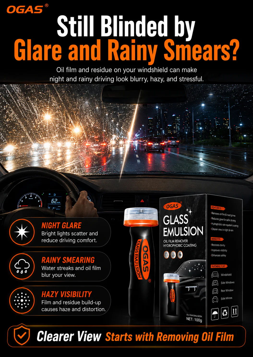 OGAS glass cleaner detail page glare and rain smears