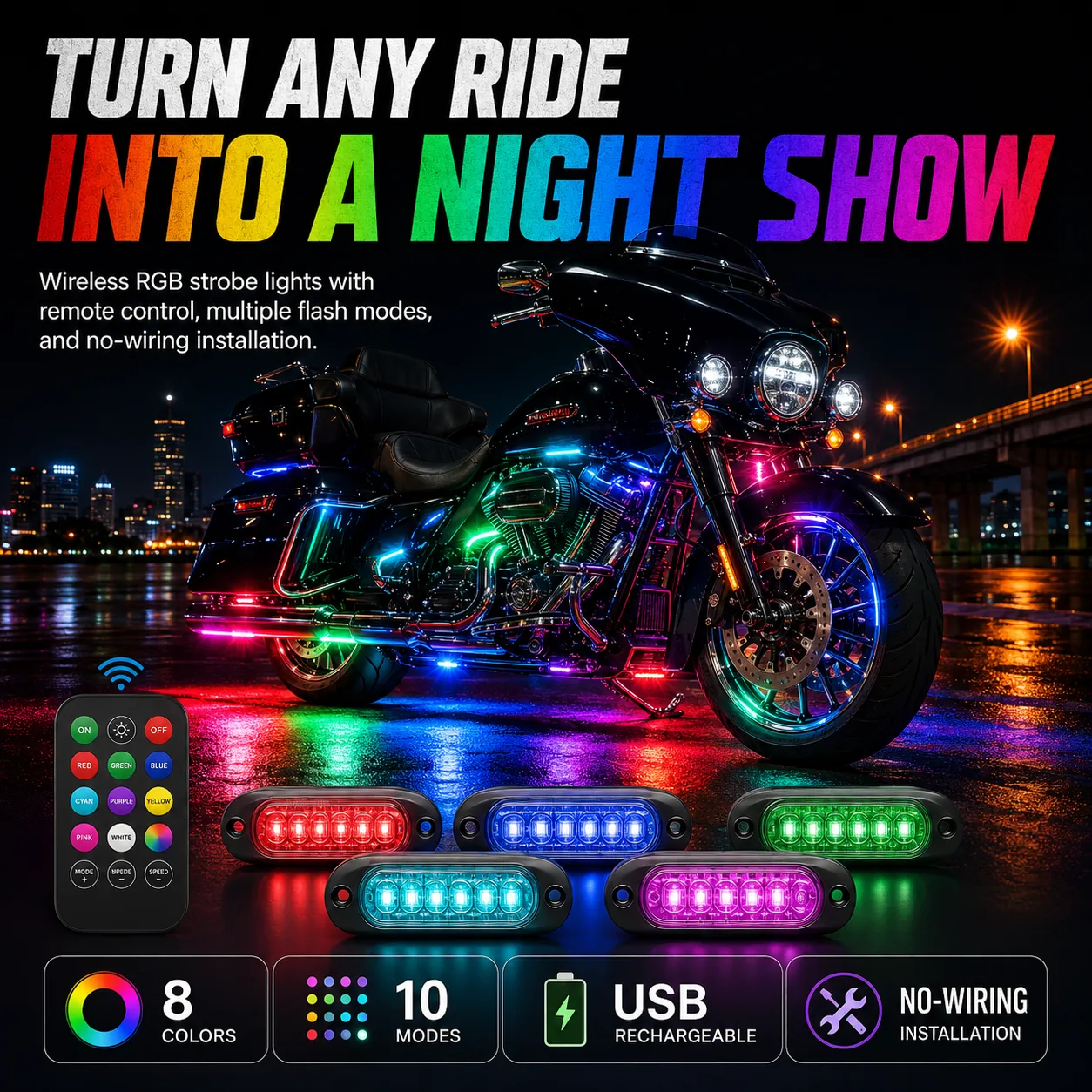 Wireless RGB motorcycle strobe lights detail 01