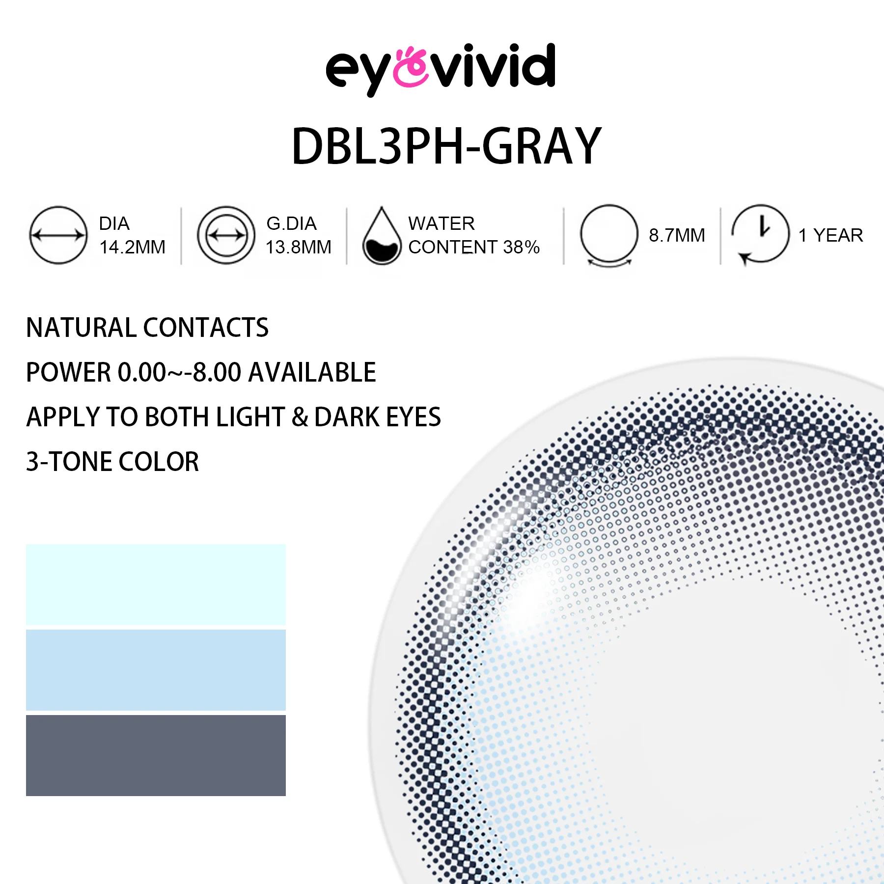 EyeVivid Aurora Pearl Gray Contact Lenses for Soft Glam Looks alternate angle