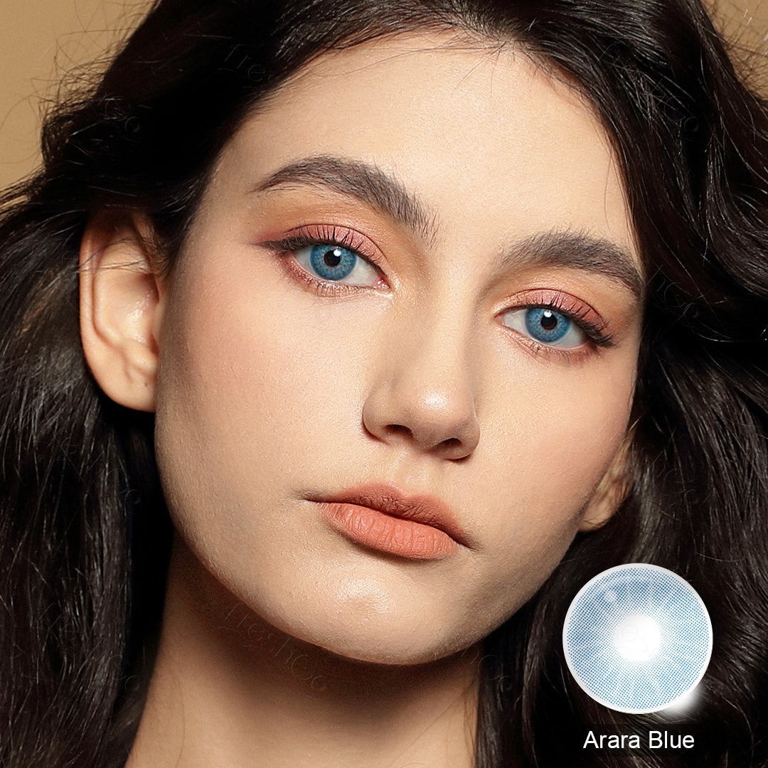 Arara Blue colored contacts softer blue beginner reference for dark eyes