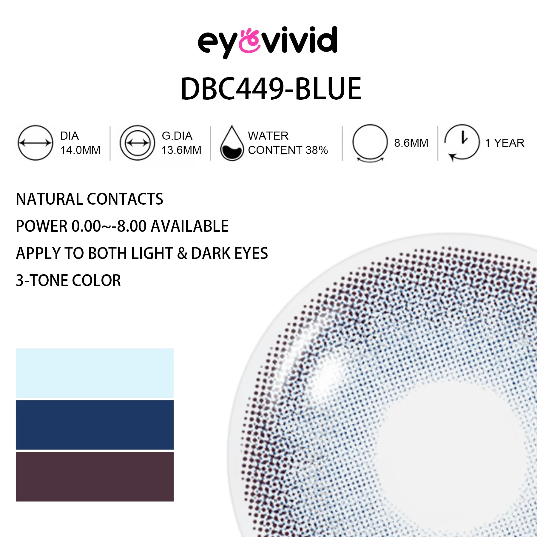 Blue contact lenses close-up for dark eyes