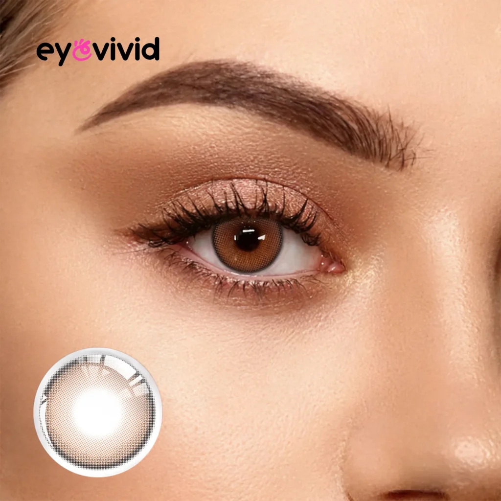 EyeVivid Amber Brown colored contact lens close-up for dark eyes soft glam blog cover