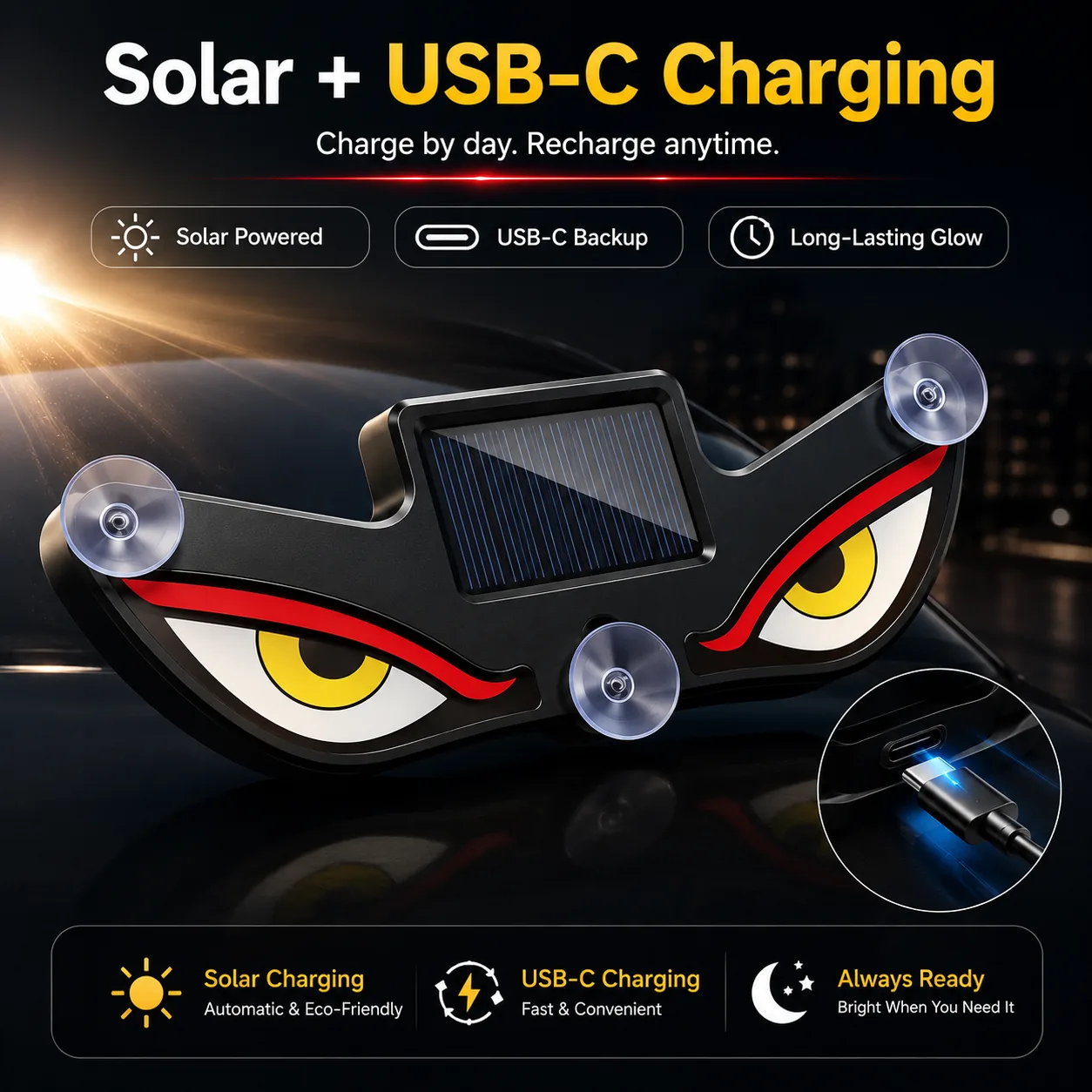 Solar USB-C charging car window light